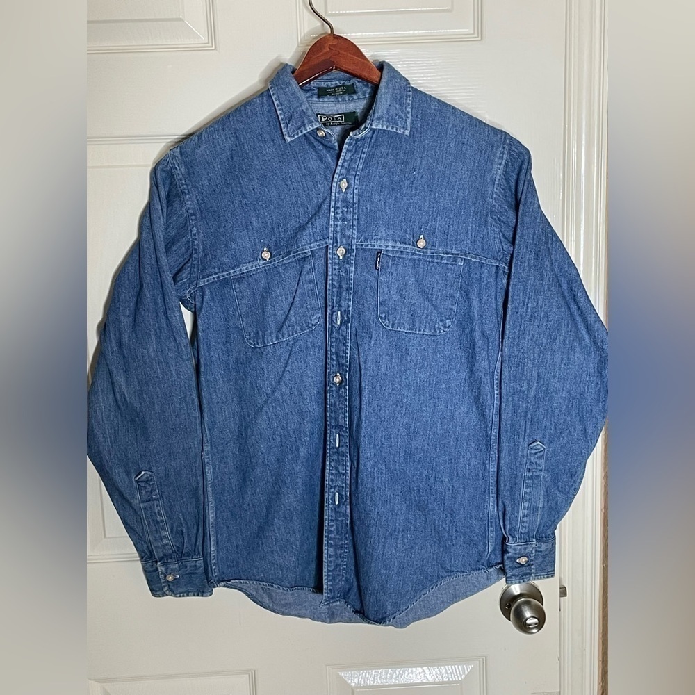 Vintage Polo Ralph Lauren  Denim Shirt/rain Flap Med​​​​​​​​​​​​​ - Picture 10 of 13